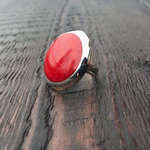 Coral Round Statement Sterling Silver Ring