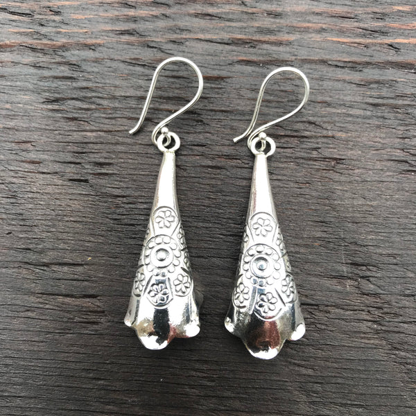 ‘Karen Hill Tribe ' Tribal Design Bell Shape Sterling Silver Drop Earrings