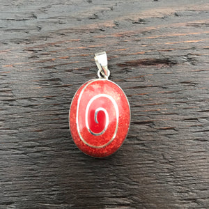 'Vitality' Red Coral Silver Spiral Oval Pendant