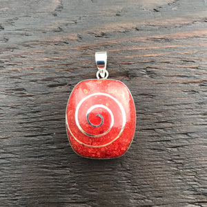 'Vitality' Red Coral Silver Spiral Inlay Abstract Square Pendant