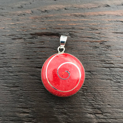 'Vitality' Red Coral Round & Silver Spiral Pendant