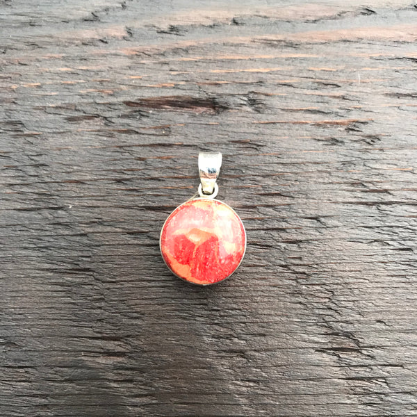 'Vitality' Small Round Coral ^ Sterling Silver Pendant