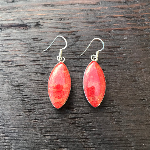‘Vitality’ Red Coral Abstract Oval Sterling Silver Drop Earrings