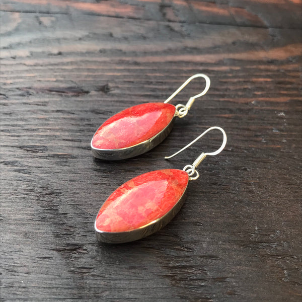 ‘Vitality’ Red Coral Abstract Oval Sterling Silver Drop Earrings