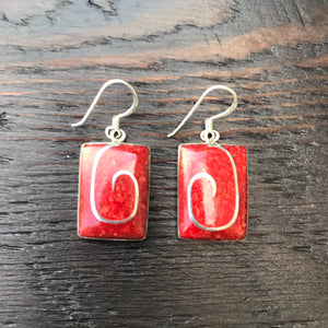 ‘Vitality’ Red Coral Silver Inlay Rectangular Sterling Silver Drop Earrings