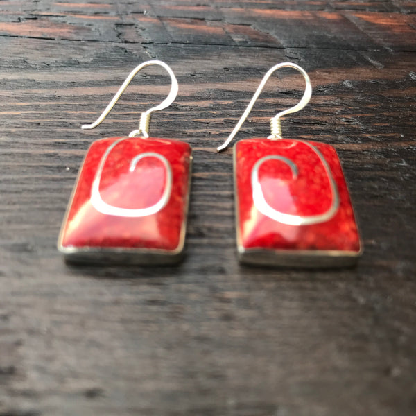 ‘Vitality’ Red Coral Silver Inlay Rectangular Sterling Silver Drop Earrings
