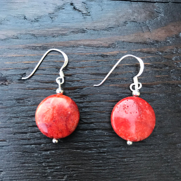 'Vitality' Red Coral Round Oriental Design Sterling Silver Drop Earrings