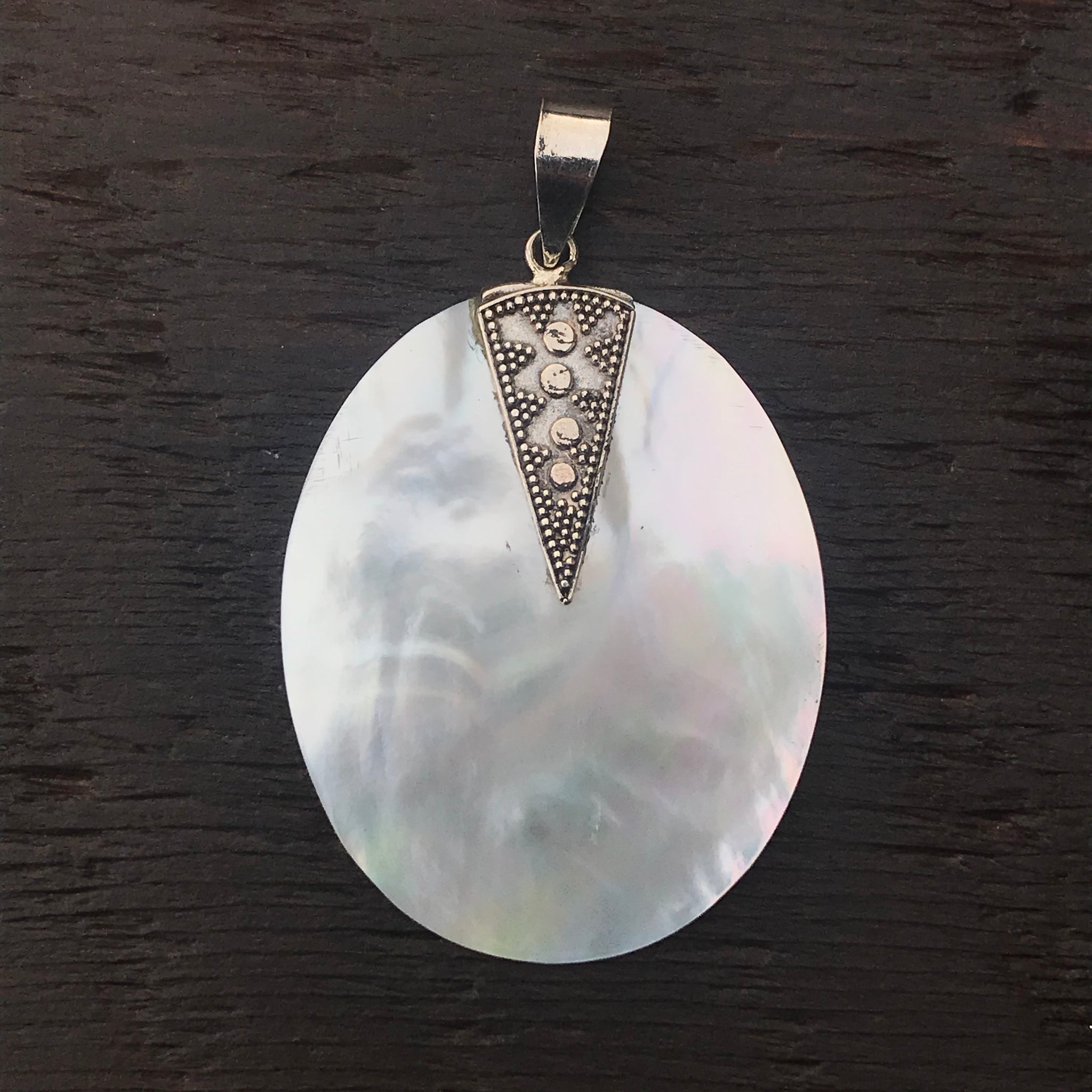 Mother of Pearl Pendant With Sterling Silver Ethnic Design Embellishment