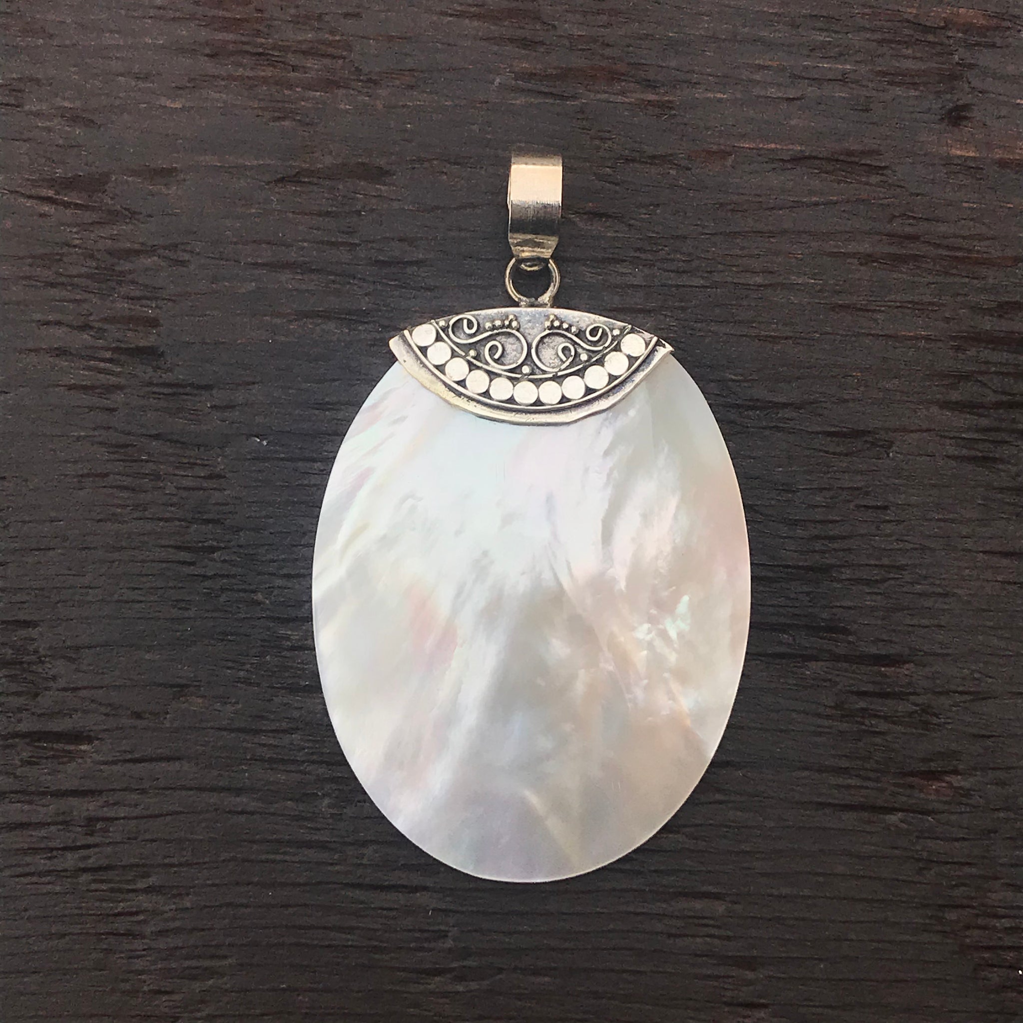 Mother of Pearl Pendant With Indonesian Inspired Sterling Silver Embellishment
