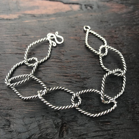 Rope Design Oxidised Sterling Silver Diamond Shaped Links Bracelet