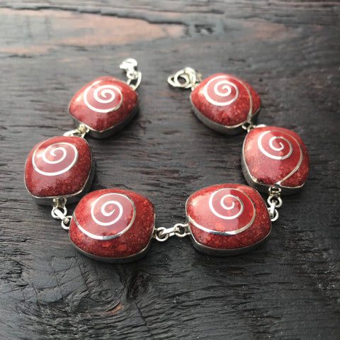 'Vitality' Red Coral Silver Spiral Inlay Abstract Square Bracelet