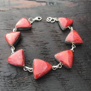 'Vitality' Red Triangular Coral Sterling Silver Bracelet