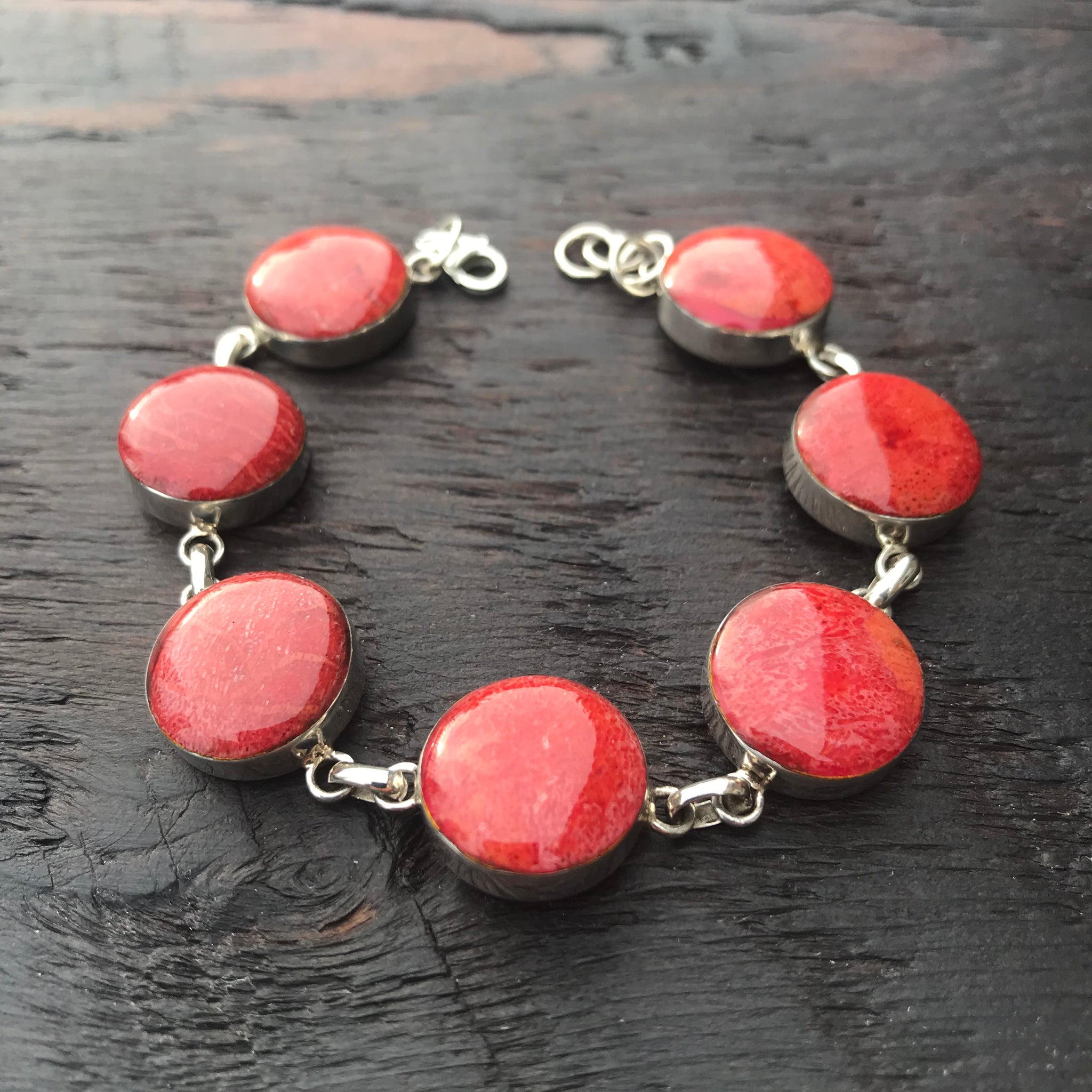 'Vitality' Red Coral Round Stones Sterling Silver Bracelet