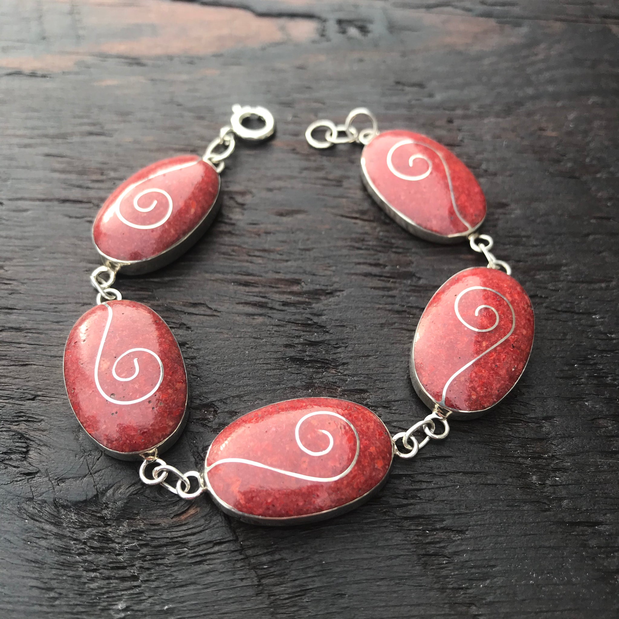 'Vitality' Red Coral Silver Spiral Inlay Rectangular Bracelet