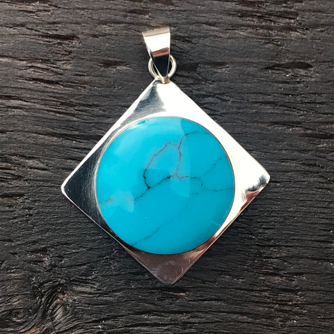 'White Isle' Blue Turquoise Stone in Sterling Silver Square Pendant