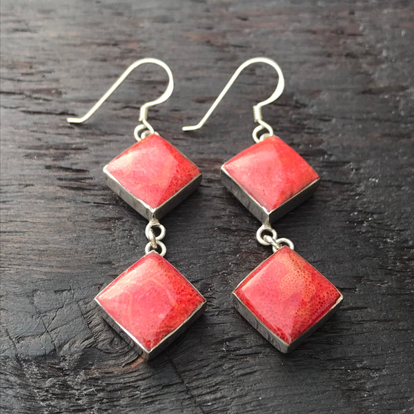 'Vitality' Red Coral Double Drop Square Sterling Silver Drop Earrings