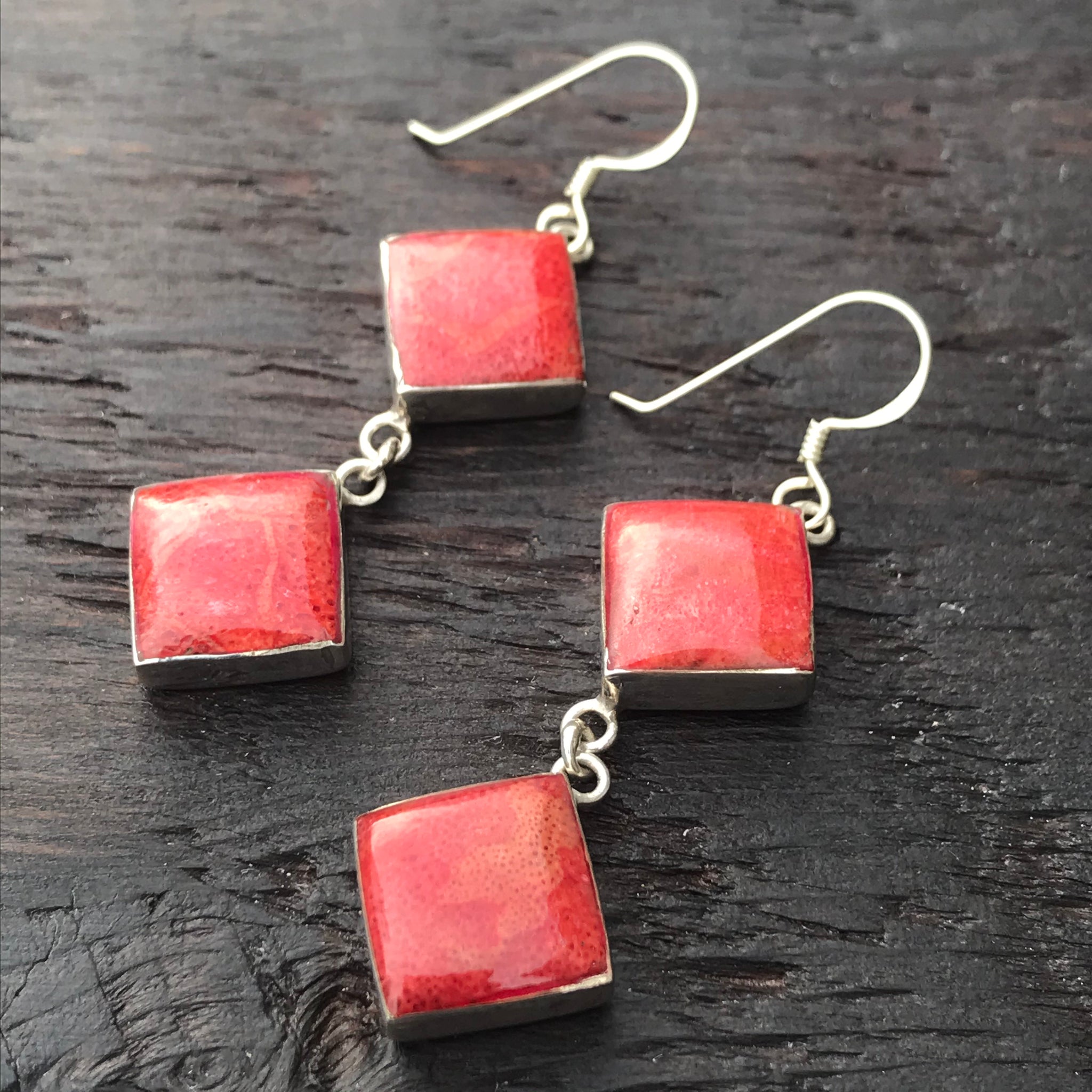 'Vitality' Red Coral Double Drop Square Sterling Silver Drop Earrings