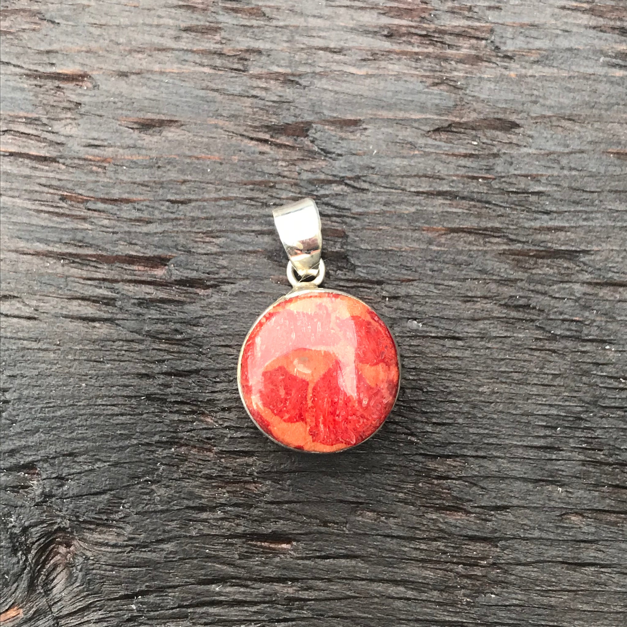 'Vitality' Small Round Coral ^ Sterling Silver Pendant