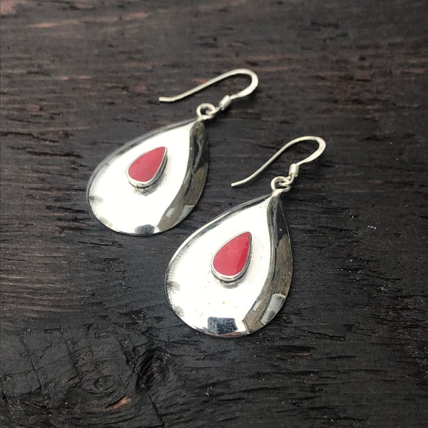 'Vitality' Red Coral Domed Sterling Silver Drop Earrings