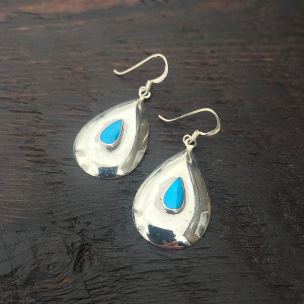 'White Isle' Blue Turquoise Domed Sterling Silver Drop Earrings