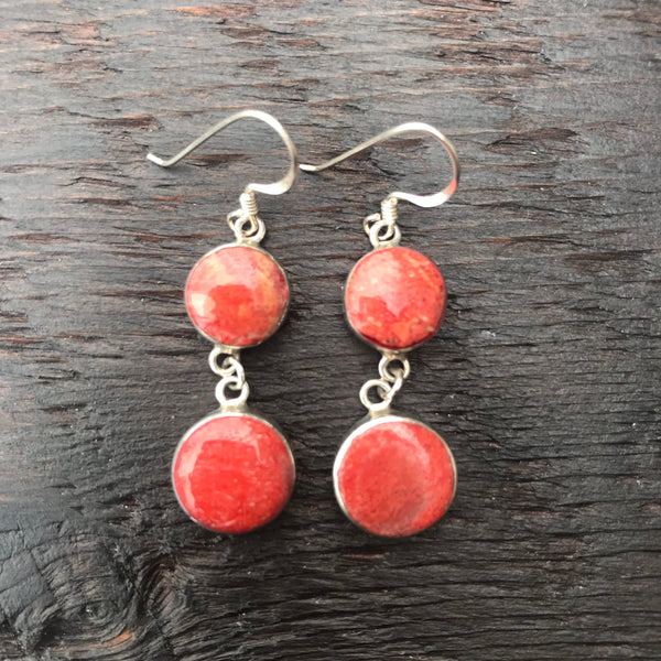 'Vitality' Red Coral Double Drop Round Sterling Silver Drop Earrings