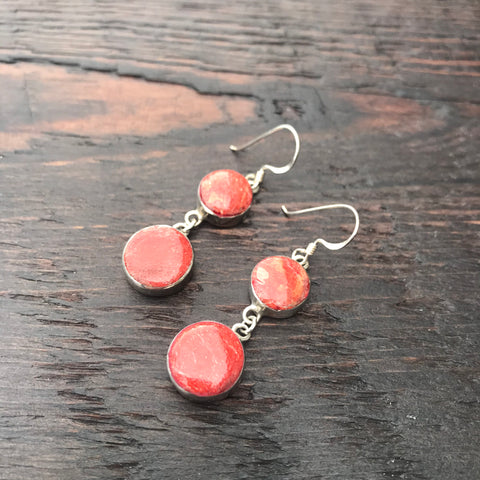 'Vitality' Red Coral Double Drop Round Sterling Silver Drop Earrings