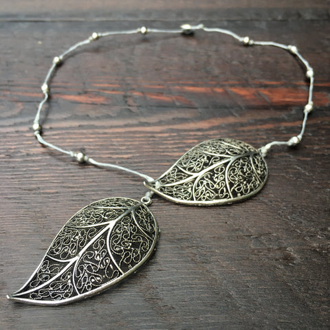 Drop Leaf & Bead Necklace (Grey)