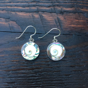 ‘White Isle’ Abalone & Shiva Shell Ocean Sterling Silver Drop Earrings