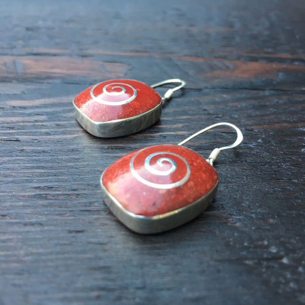 ‘Vitality’ Red Coral Spiral Inlay Square Sterling Silver Drop Earrings