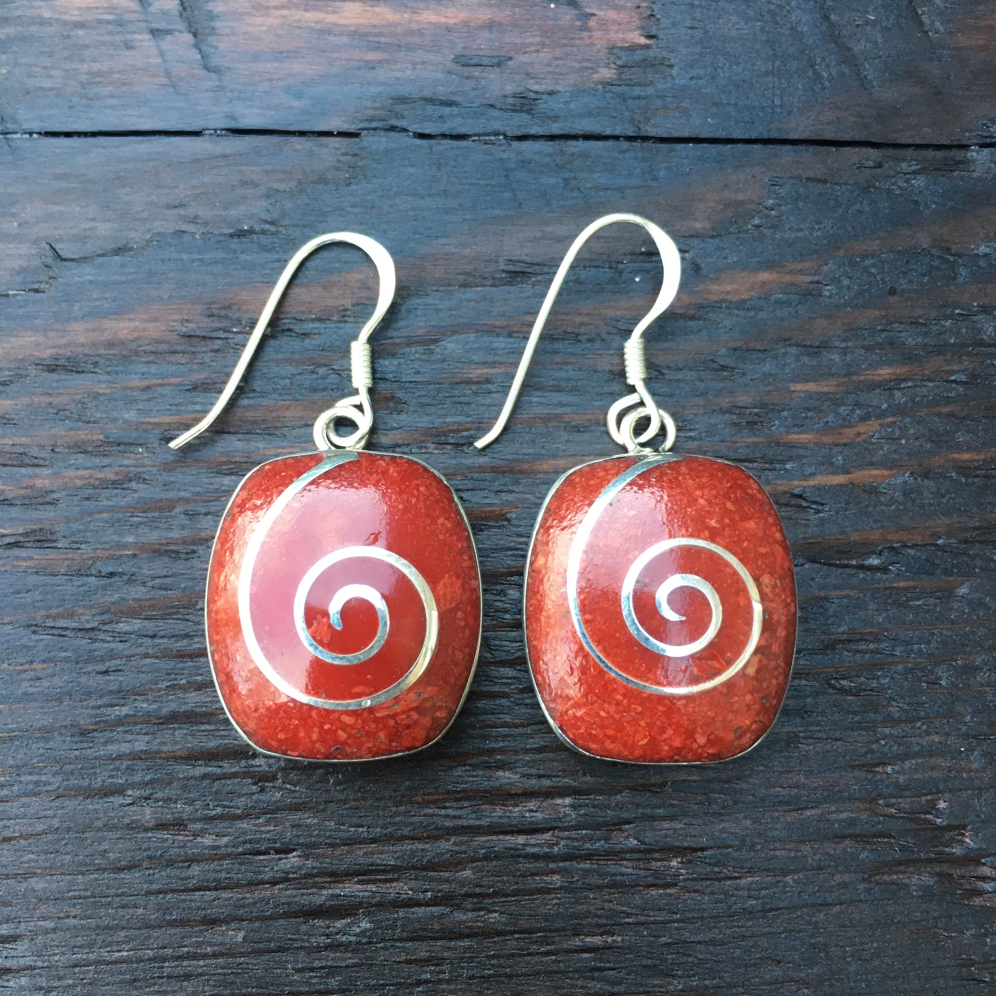 ‘Vitality’ Red Coral Spiral Inlay Square Sterling Silver Drop Earrings