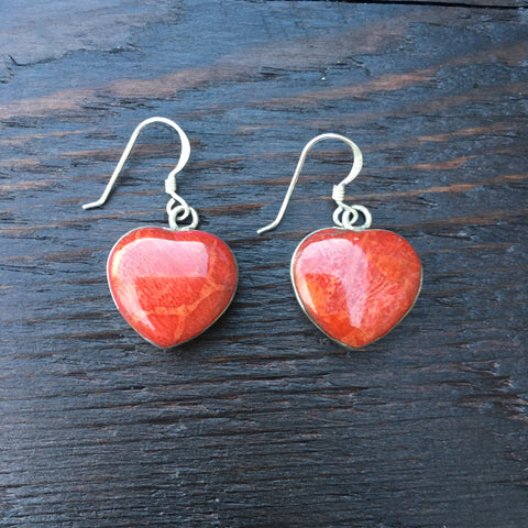 'Vitality' Red Coral Heart Shaped Sterling Silver Drop Earrings