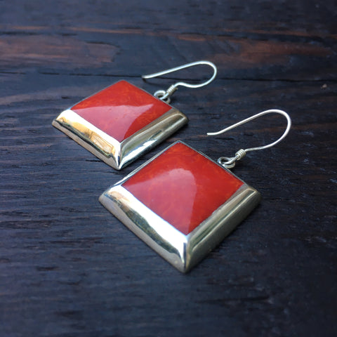 'Vitality' Red Coral Square 925 Sterling Silver Drop Earrings