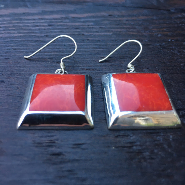 'Vitality' Red Coral Square 925 Sterling Silver Drop Earrings