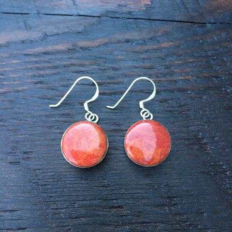 'Vitality' Red Coral Round Sterling Silver Drop Earrings