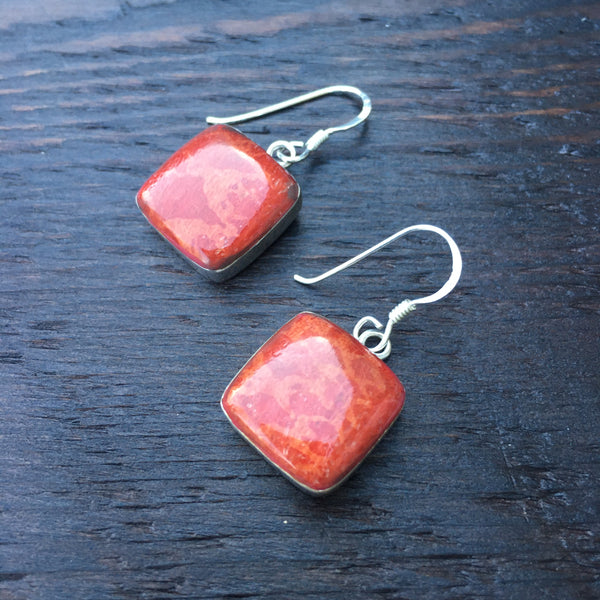 ‘Vitality’ Red Coral Square Shaped Sterling Silver Drop Earrings