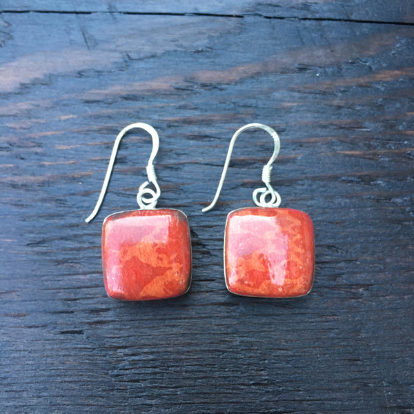 ‘Vitality’ Red Coral Square Shaped Sterling Silver Drop Earrings