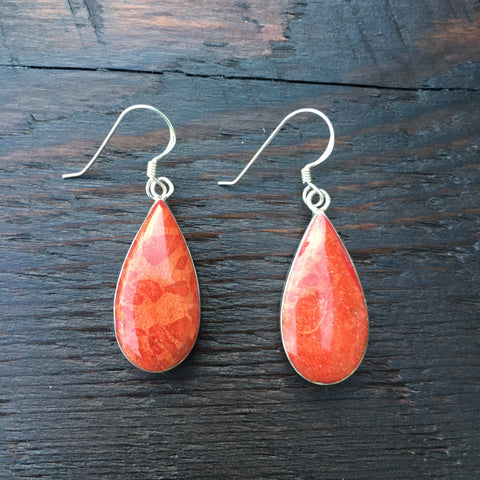 'Vitality' Red Coral Pear Shaped Sterling Silver Drop Earrings