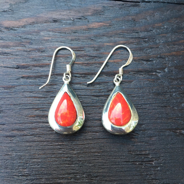 'Vitality' Red Coral Teardrop Sterling Silver Drop Earrings
