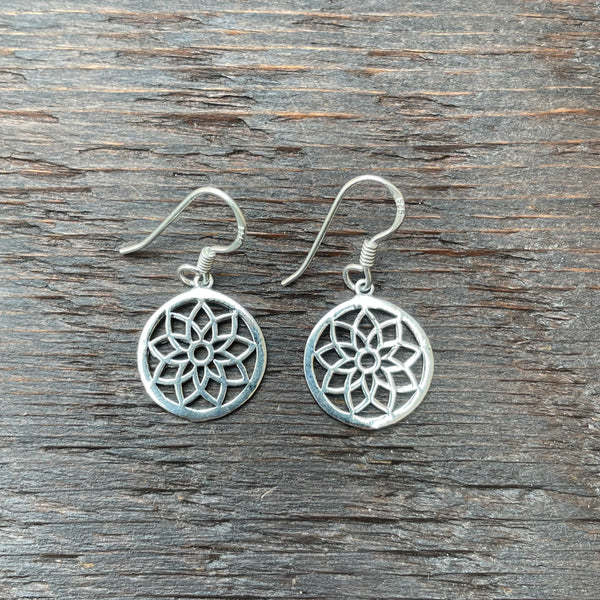 'Flower Mandala' Sterling Silver Mini Drop Earrings